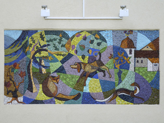 Mosaïque évoquant l'oeuvre de Louis Pergaud. © Région Bourgogne-Franche-Comté, Inventaire du patrimoine