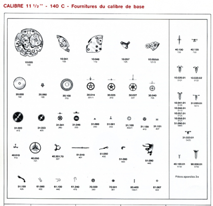 Calibre 11 1/2''' - 140 C - Fournitures du calibre de base, 1973. © Région Bourgogne-Franche-Comté, Inventaire du patrimoine Calibre 11 1/2''' - 140 C - Fournitures du calibre de base, 1973. © Région Bourgogne-Franche-Comté, Inventaire du patrimoine
