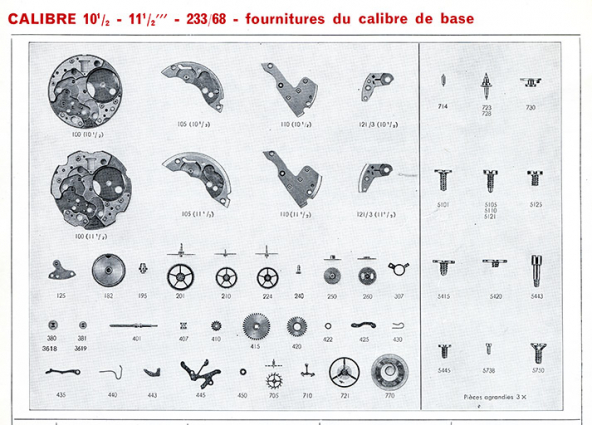 Calibre 10 1/2 - 11 1/2''' - 233-68 - fournitures du calibre de base, 1973. © Région Bourgogne-Franche-Comté, Inventaire du patrimoine Calibre 10 1/2 - 11 1/2''' - 233-68 - fournitures du calibre de base, 1973. © Région Bourgogne-Franche-Comté, Inventaire du patrimoine