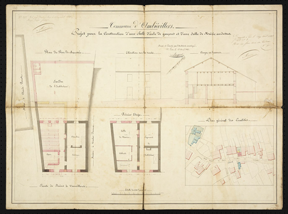 Projet pour la construction d'une salle d'école des garçons et d'une salle de mairie. © Région Bourgogne-Franche-Comté, Inventaire du patrimoine Projet pour la construction d'une salle d'école des garçons et d'une salle de mairie. © Région Bourgogne-Franche-Comté, Inventaire du patrimoine