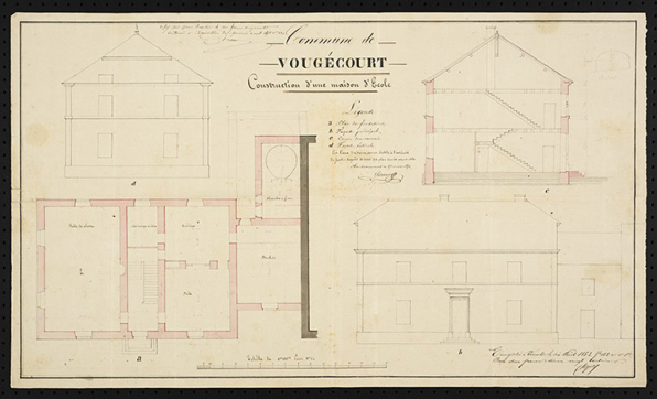 Construction d'une maison d'école et mairie. [plan, coupes et élévations] 1852 © Région Bourgogne-Franche-Comté, Inventaire du patrimoine