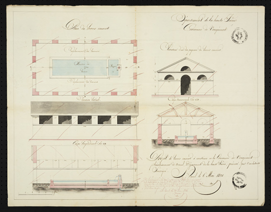 Projet de lavoir couvert. [plan, coupes et élévations] 1825 © Région Bourgogne-Franche-Comté, Inventaire du patrimoine