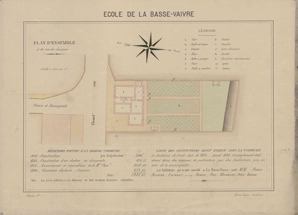 Ecole de la Basse Vaivre. Plan d'ensemble. Dessin et légende. 1888. © Archives départementales de la Haute-Saône Ecole de la Basse Vaivre. Plan d'ensemble. Dessin et légende. 1888. © Archives départementales de la Haute-Saône