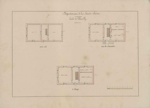 Plans en coupe du sous-sol, rez-de-chaussée et premier étage de l'école de Chemilly © Région Bourgogne-Franche-Comté, Inventaire du patrimoine Plans en coupe du sous-sol, rez-de-chaussée et premier étage de l'école de Chemilly © Région Bourgogne-Franche-Comté, Inventaire du patrimoine