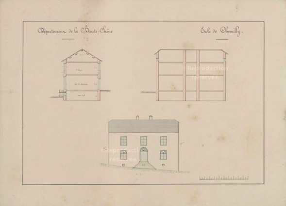 Plans en coupe et en élévation de la façade sur la rue de l'école de Chemilly © Région Bourgogne-Franche-Comté, Inventaire du patrimoine