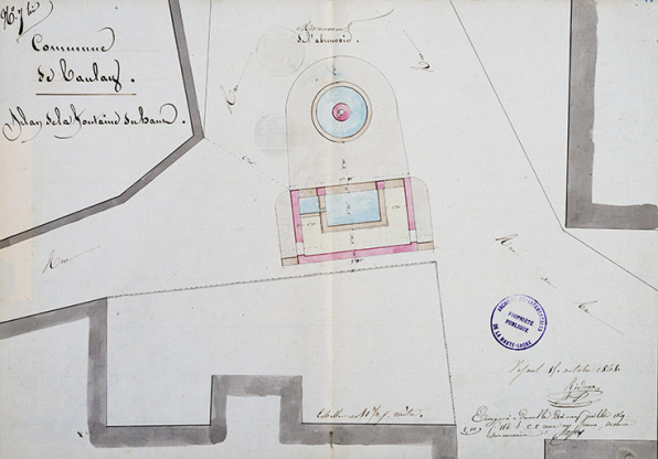 Plan de situation de la "fontaine du haut" du village, face au lavoir, 1848 © Région Bourgogne-Franche-Comté, Inventaire du patrimoine Plan de situation de la "fontaine du haut" du village, face au lavoir, 1848 © Région Bourgogne-Franche-Comté, Inventaire du patrimoine