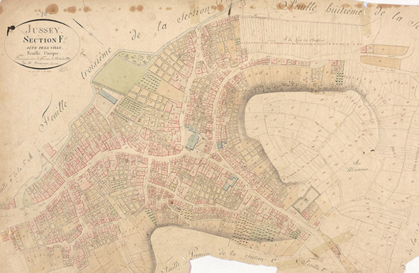 Extrait du cadastre napoléonien terminé le 24 août 1820 : section F dite de la  ville. Feuille unique. © Archives départementales de la Haute-Saône