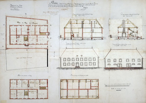 Plans, coupe et élévations du projet de construction d'une maison commune [...], 1832. © Région Bourgogne-Franche-Comté, Inventaire du patrimoine