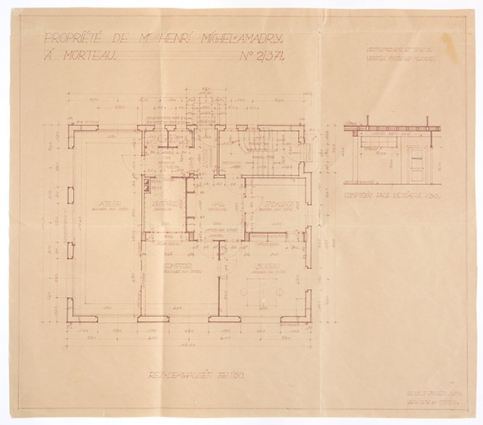 Propriété de Mr Henri Michel-Amadry, à Morteau. Rez-de-chaussée [plan et] Comptoir face vestiaire [élévation], janvier 1930 © Région Bourgogne-Franche-Comté, Inventaire du patrimoine