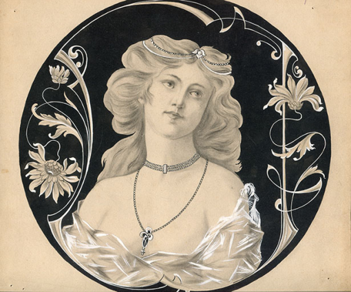 Modèle de décor pour boîte de montre : femme en buste, 1ère moitié 20e siècle. © Région Bourgogne-Franche-Comté, Inventaire du patrimoine Modèle de décor pour boîte de montre : femme en buste, 1ère moitié 20e siècle. © Région Bourgogne-Franche-Comté, Inventaire du patrimoine