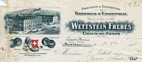 Papier à en-tête de la société Wettstein Frères (détail), 13 novembre 1915. © Région Bourgogne-Franche-Comté, Inventaire du patrimoine Papier à en-tête de la société Wettstein Frères (détail), 13 novembre 1915. © Région Bourgogne-Franche-Comté, Inventaire du patrimoine