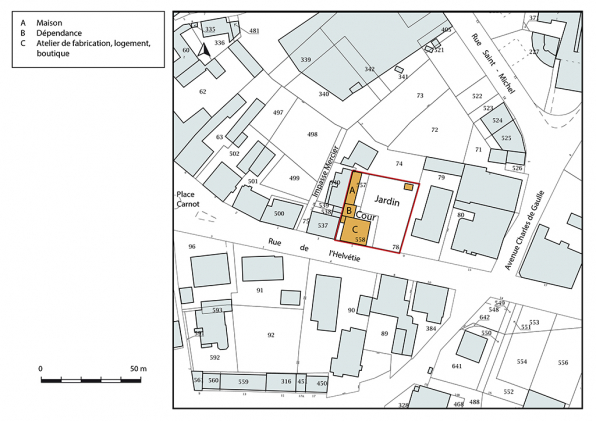Plan-masse et de situation. Extrait du plan cadastral, 2018, section AA, 1/1 000. © Région Bourgogne-Franche-Comté, Inventaire du patrimoine