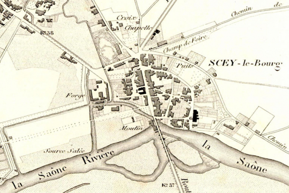Plan de Scey-sur-Saône. In : Dieu, Hyppolite. Atlas cantonal de la Haute-Saône, 1858. © Région Bourgogne-Franche-Comté, Inventaire du patrimoine