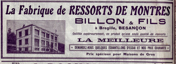 Fabrique de ressorts de montres Billon, publicité, 1913. © Région Bourgogne-Franche-Comté, Inventaire du patrimoine Fabrique de ressorts de montres Billon, publicité, 1913. © Région Bourgogne-Franche-Comté, Inventaire du patrimoine