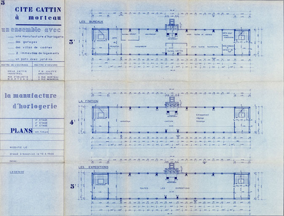 Cité Cattin à Morteau [...] 5. La manufacture d’horlogerie. Plans 3e étage [bureaux], 4e étage [finition], 5e étage [expédition], 10 juin 1960. © Région Bourgogne-Franche-Comté, Inventaire du patrimoine