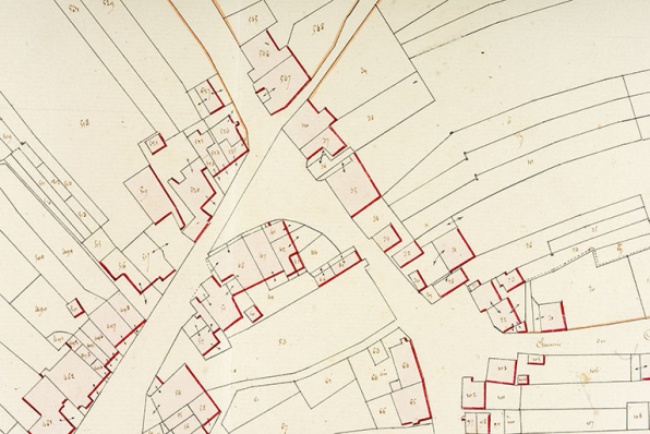 Cadastre de la commune de Montécheroux. Atlas parcellaire, 1830, section D en une feuille [détail : quartier de la rue de la Planchette], 1/1 250. © Région Bourgogne-Franche-Comté, Inventaire du patrimoine