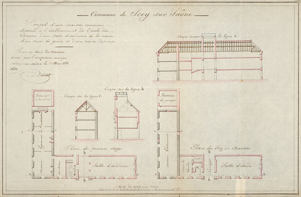 Duret. Projet des travaux à faire pour la construction d'une maison destinée à l'établissement de l'école des filles et pour la reconstruction des halles. [Plans du rez-de-chaussée et de l'étage, coupes]. [1831]. © Région Bourgogne-Franche-Comté, Inventaire du patrimoine