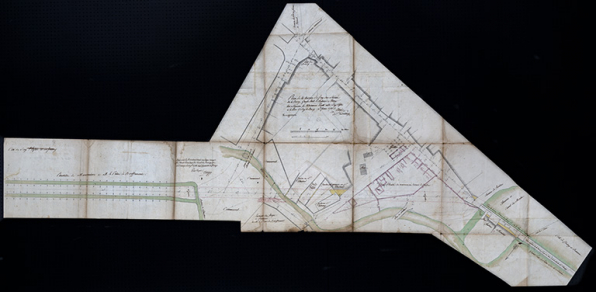 Lingée. Plan de la traverse de Scey-sur-Saône dit le Bourg, grande route de Besançon à Nancy, levé à l'occasion du redressement projeté entre Scey-l'Église et le pont de Scey-le-Bourg. Vu et approuvé. 1781. © Région Bourgogne-Franche-Comté, Inventaire du patrimoine