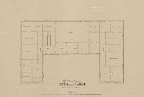 Hôtel de Ville de Scey-sur-Saône. Plan du premier étage. [1888]. © Archives départementales de la Haute-Saône