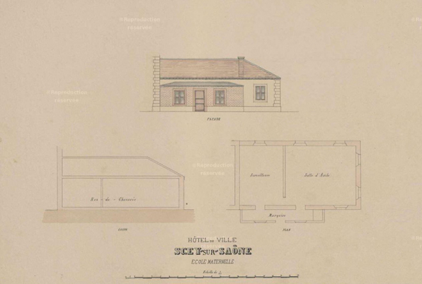 Hôtel de Ville de Scey-sur-Saône. École maternelle. Plan, coupe, façade. [1888]. 	 	 	 © Archives départementales de la Haute-Saône