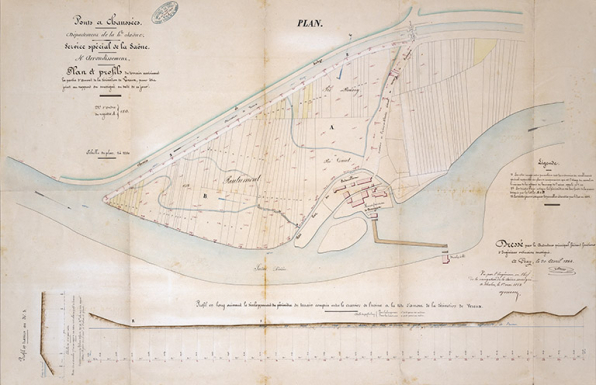 Plan et profils des terrains avoisinant la partie amont de la dérivation de Vereux (1854). © Région Bourgogne-Franche-Comté, Inventaire du patrimoine