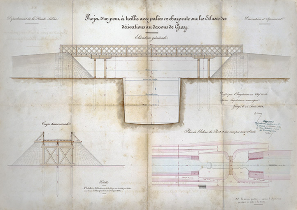 Projet d'un pont à treillis avec palées en charpente sur les écluses des dérivations en dessous de Gray, 1844. © Région Bourgogne-Franche-Comté, Inventaire du patrimoine