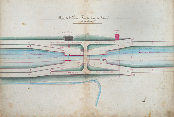 Achèvement de la dérivation de Scey-sur-Saône, écluse à sas - Plans, élévations, coupes et détails (1876).  © Région Bourgogne-Franche-Comté, Inventaire du patrimoine