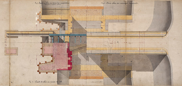 Bief de Soing - Construction de la coupure de Cubry, de la dérivation éclusée de Soing et d'un chemin de halage - Seconde porte de garde de Cubry avec pont (1878) : quart de plan au-dessus des maçonnereis et demi-plan des ouvrages terminés. © Région Bourgogne-Franche-Comté, Inventaire du patrimoine Bief de Soing - Construction de la coupure de Cubry, de la dérivation éclusée de Soing et d'un chemin de halage - Seconde porte de garde de Cubry avec pont (1878) : quart de plan au-dessus des maçonnereis et demi-plan des ouvrages terminés. © Région Bourgogne-Franche-Comté, Inventaire du patrimoine