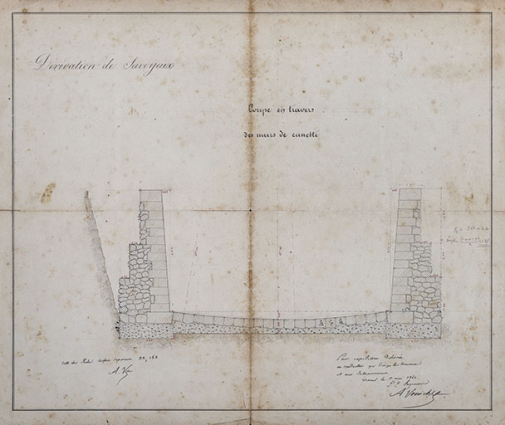 Dérivation de Savoyeux - coupe en travers des murs de cuvette (1840).  © Région Bourgogne-Franche-Comté, Inventaire du patrimoine