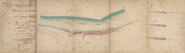 Service spécial de la Saône - Établissement d'un port à Mantoche - Pétition du maire de la commune - Plan des lieux et profils en travers (1883).  © Région Bourgogne-Franche-Comté, Inventaire du patrimoine