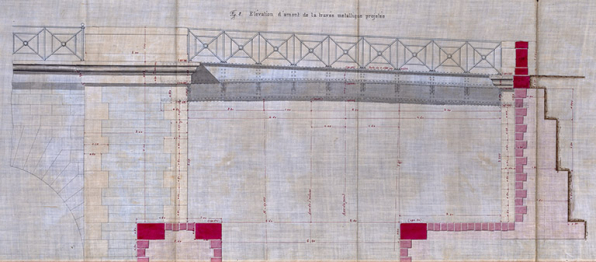 Construction de la partie métallique de la travée marinière du pont de Gray - Plan, élévation, coupes et détails (1882).  © Région Bourgogne-Franche-Comté, Inventaire du patrimoine