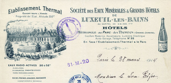 Papier à en-tête de la Société des Eaux minérales et Grands Hôtels de Luxeuil-les-Bains (1914). © Région Bourgogne-Franche-Comté, Inventaire du patrimoine