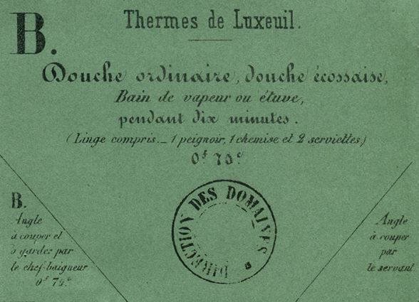 Ticket pour une douche ordinaire, douche écossaise, bain de vapeur ou étuves, pendant dix minutes. © Région Bourgogne-Franche-Comté, Inventaire du patrimoine