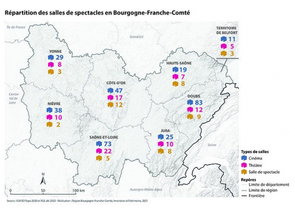 Carte de répartition des salles de spectacle en Bourgogne-Franche-Comté. Etat le 28 mai 2021. © Région Bourgogne-Franche-Comté, Inventaire du patrimoine