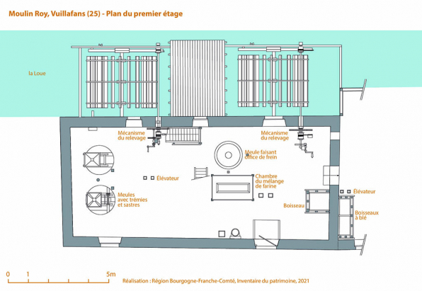 Plan du premier étage, 1/100, d'après un relevé, s.n., s.d. [milieu 20e siècle]. © Région Bourgogne-Franche-Comté, Inventaire du patrimoine