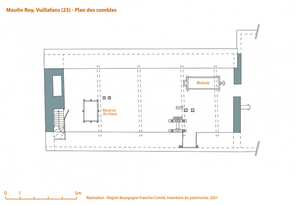 Plan des combles, 1/100, d'après un relevé, s.n., s.d. [milieu 20e siècle]. © Région Bourgogne-Franche-Comté, Inventaire du patrimoine