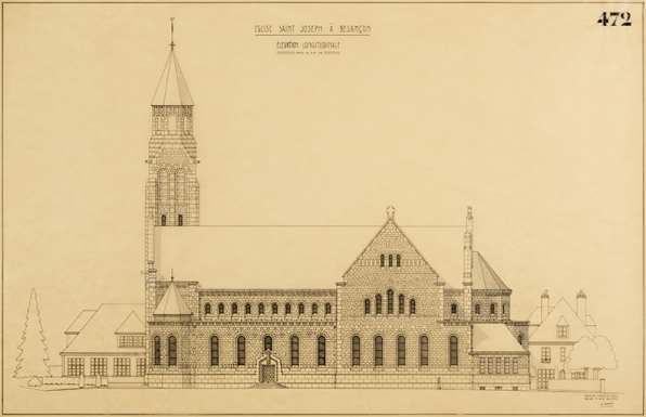 Élévation longitudinale de l'église Saint-Joseph à Besançon (projet non réalisé). Juillet 1944. © Région Bourgogne-Franche-Comté, Inventaire du patrimoine