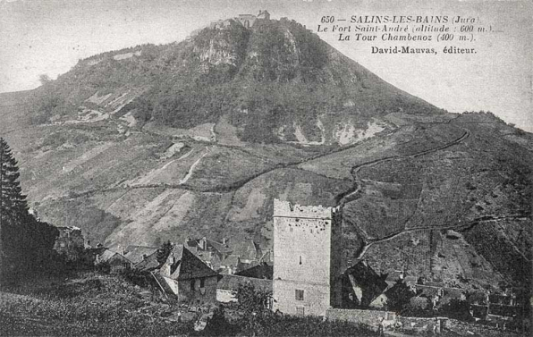 Salins-les-Bains (Jura). Le fort Saint-André (altitude 600 m) ; La Tour Chambenoz (400 m). S.d. © Région Bourgogne-Franche-Comté, Inventaire du patrimoine