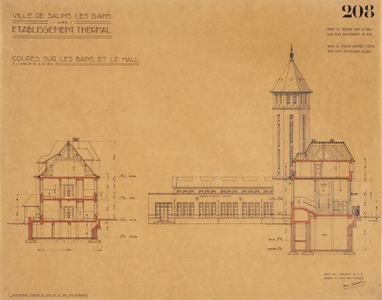 Projet de René Tournier (1934), façade sur la cour et coupe sur les bains. © Région Bourgogne-Franche-Comté, Inventaire du patrimoine