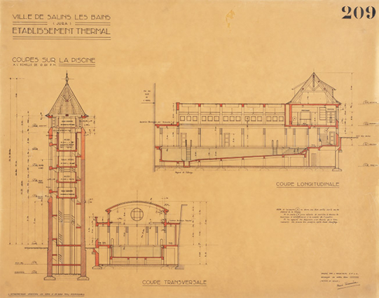 Projet de René Tournier (1934), coupes sur la piscine et la tour des réservoirs. © Région Bourgogne-Franche-Comté, Inventaire du patrimoine