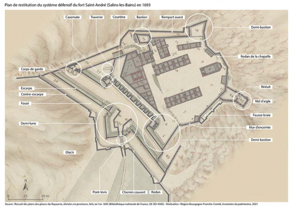 Plan de restitution du système défensif du fort Saint-André (Salins-les-Bains) en 1693. © Région Bourgogne-Franche-Comté, Inventaire du patrimoine