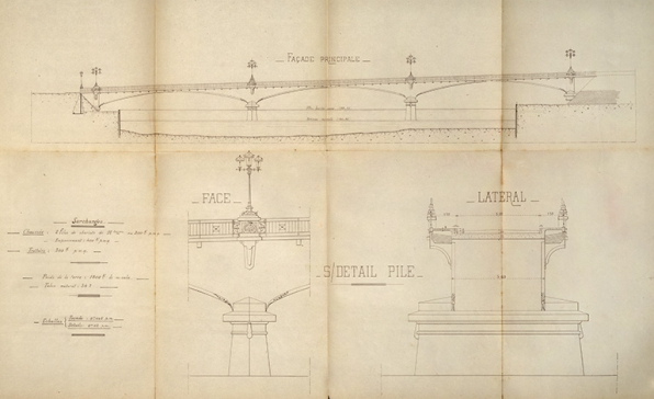 Projet de reconstruction du pont suspendu : façade principale et détail d'une pile (1912). © Région Bourgogne-Franche-Comté, Inventaire du patrimoine