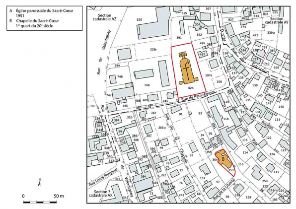 Plan de situation de l'église paroissiale du Sacré-Coeur.  © Région Bourgogne-Franche-Comté, Inventaire du patrimoine