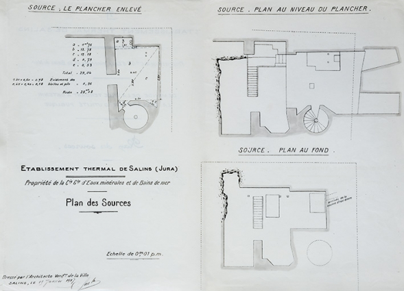 Plans du sous-sol du Grand Hôtel des Bains, figurant le puits à Muire (1917). © Région Bourgogne-Franche-Comté, Inventaire du patrimoine Plans du sous-sol du Grand Hôtel des Bains, figurant le puits à Muire (1917). © Région Bourgogne-Franche-Comté, Inventaire du patrimoine