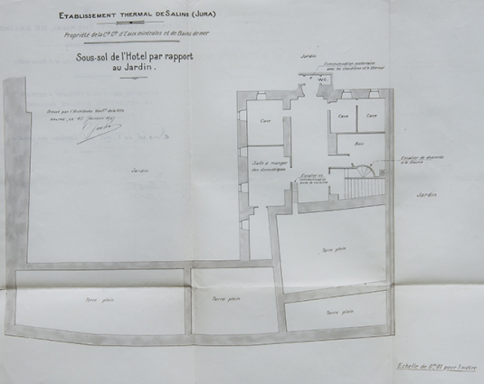 Plan du premier sous-sol (rez-de-jardin) du Grand Hôtel des Bains (1917). © Région Bourgogne-Franche-Comté, Inventaire du patrimoine Plan du premier sous-sol (rez-de-jardin) du Grand Hôtel des Bains (1917). © Région Bourgogne-Franche-Comté, Inventaire du patrimoine