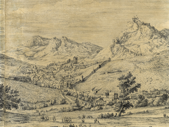 Siège de Salins [détail : bourg fortifié et château de Belin]. S.d. [vers 1674]. © Région Bourgogne-Franche-Comté, Inventaire du patrimoine