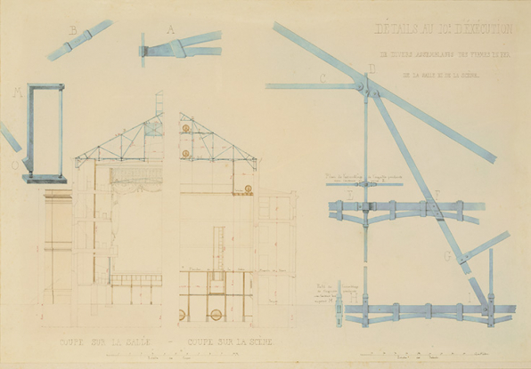 [Théâtre de Dole. Projet C, non réalisé]. Détails au 10e d’exécution de divers assemblages des fermes en fer de la salle et de la scène. S.d. [1839]. © Région Bourgogne-Franche-Comté, Inventaire du patrimoine