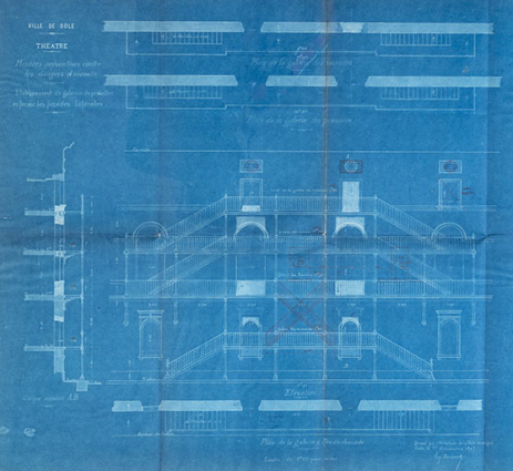 Ville de Dole. Théâtre. Mesures préventives contre les dangers d'incendie. Etablissement de galeries de protection en fer sur les façades latérales. [Elévation]. 1er décembre 1897. © Région Bourgogne-Franche-Comté, Inventaire du patrimoine