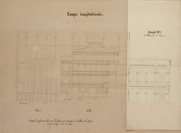 Théâtre de Dôle. Convenance, Economie [projet H]. Coupe longitudinale. A droite : Projet n° 1 (Bâtiment d'Entrée). S.d. [1839]. © Région Bourgogne-Franche-Comté, Inventaire du patrimoine