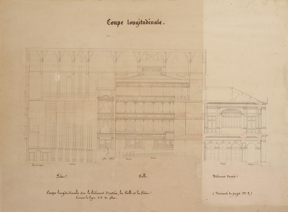 Théâtre de Dôle. Convenance, Economie [projet H]. Coupe longitudinale. A droite : Variante du projet n° 2. S.d. [1839]. © Région Bourgogne-Franche-Comté, Inventaire du patrimoine